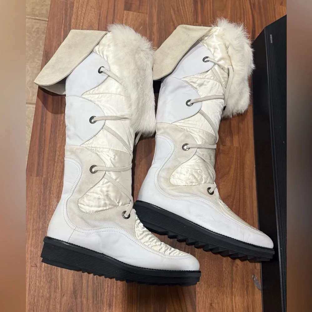 Preowned Aquatalia White Fur-Trimmed Tall Women's Boots - Picture 6 of 11